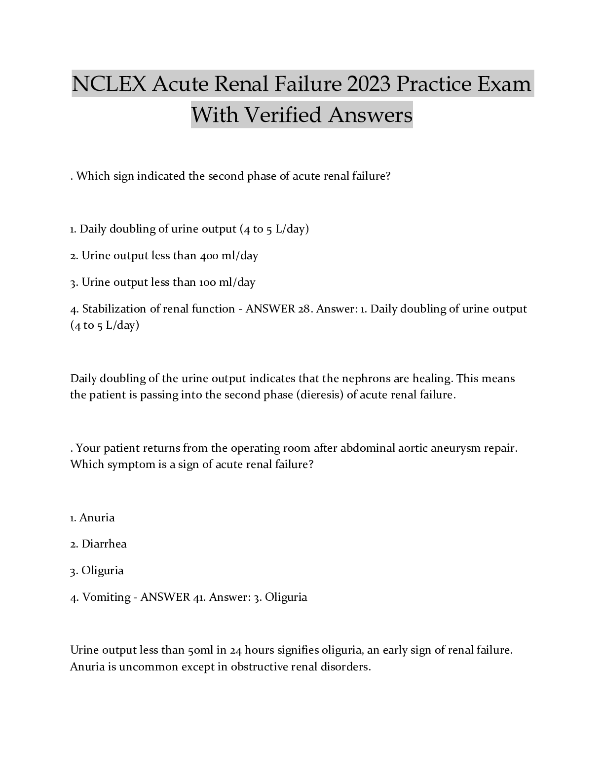Preview of NCLEX Acute Renal Failure 2023 Practice Exam With Verified Answers